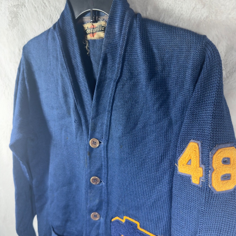 Vintage Deauville Mens Letterman Cardigan‎ Sweater Blue 48 S Patch 1940s Shawl